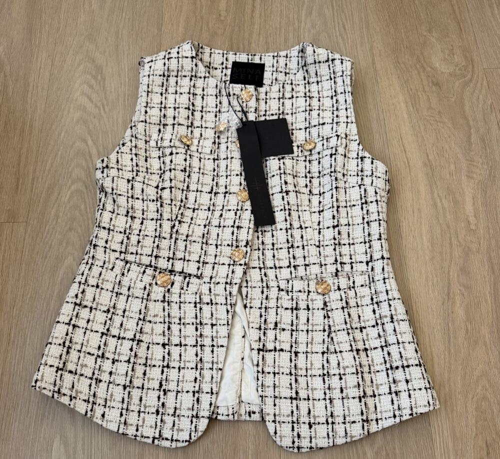 MINA SELF Womens Ivory & Black Tweed Sleeveless Blazer Small